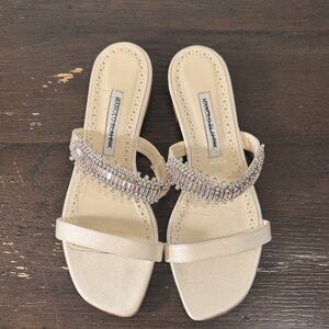 Manolo Blahnik Cream Beaded Slide Sandals